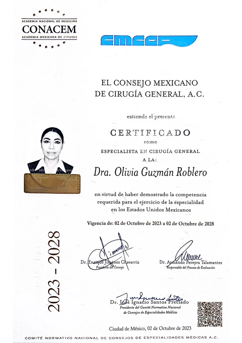 Certificado vigente en Cirugía General de la Dra. Olivia Guzmán Roblero
